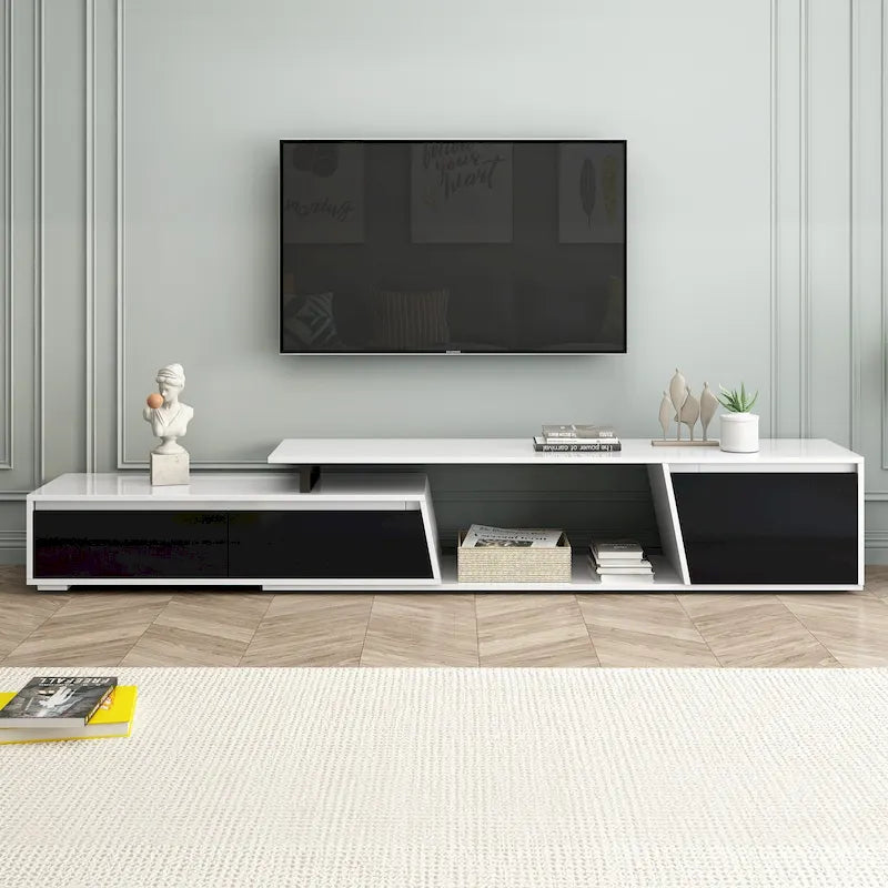 Meuble TV extensible moderne blanc pour téléviseurs de 100 pouces