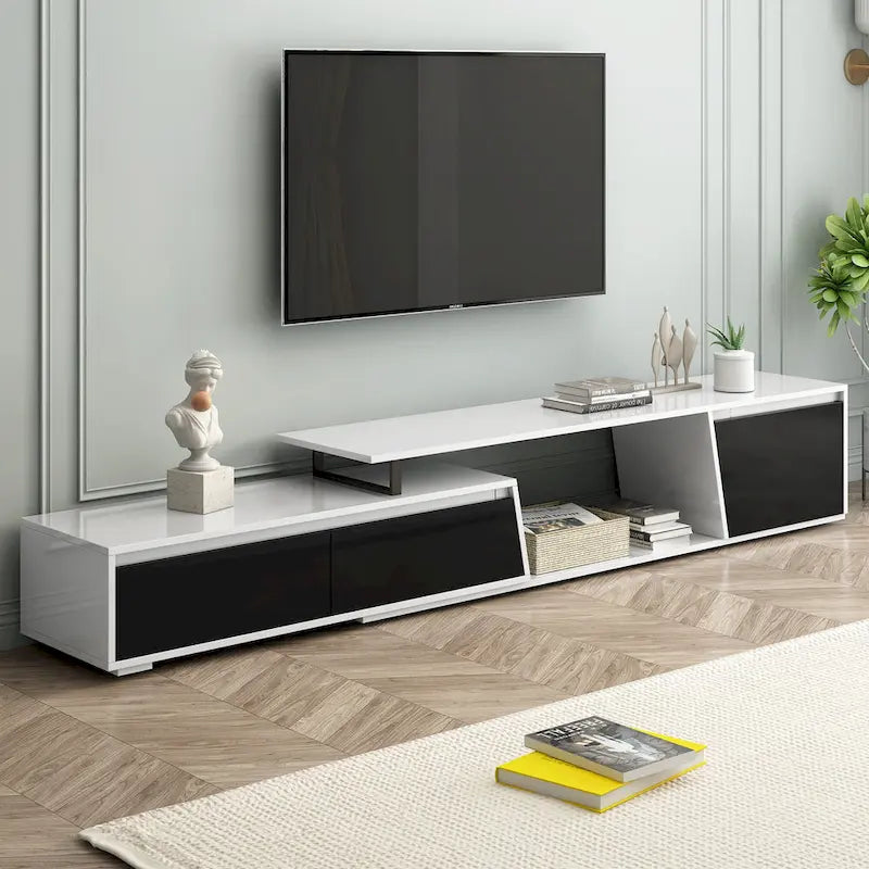 Meuble TV extensible moderne blanc pour téléviseurs de 100 pouces