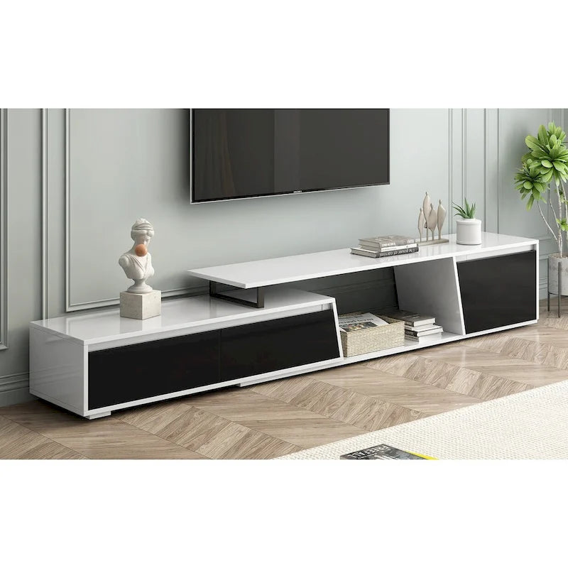 Meuble TV extensible moderne blanc pour téléviseurs de 100 pouces