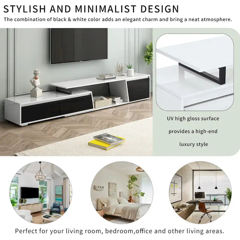 Meuble TV extensible moderne blanc pour téléviseurs de 100 pouces