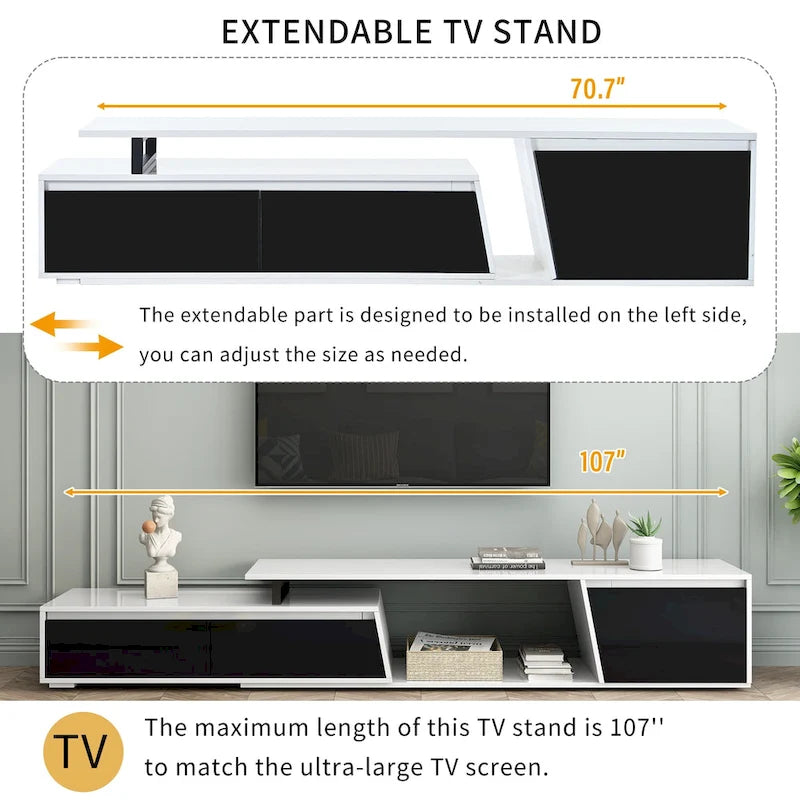 Meuble TV extensible moderne blanc pour téléviseurs de 100 pouces