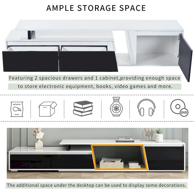 Meuble TV extensible moderne blanc pour téléviseurs de 100 pouces