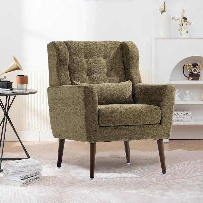 Fauteuil capitonné Olive Green 24.21 avec pieds en bois