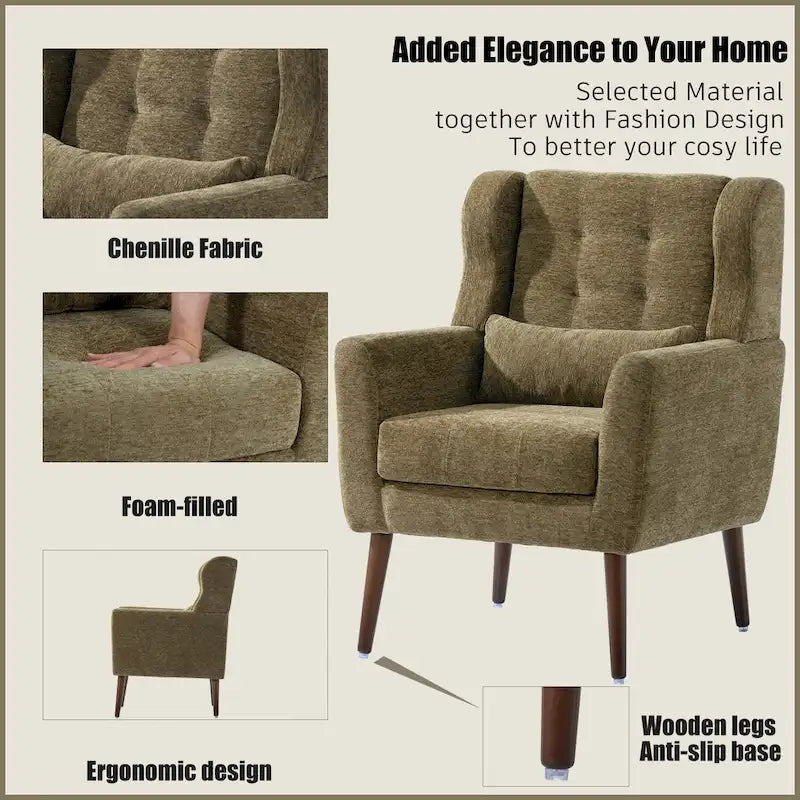 Fauteuil capitonné Olive Green 24.21 avec pieds en bois