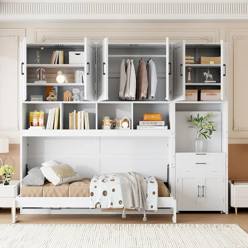 Lit escamotable mural simple avec placard, tiroirs et bureau