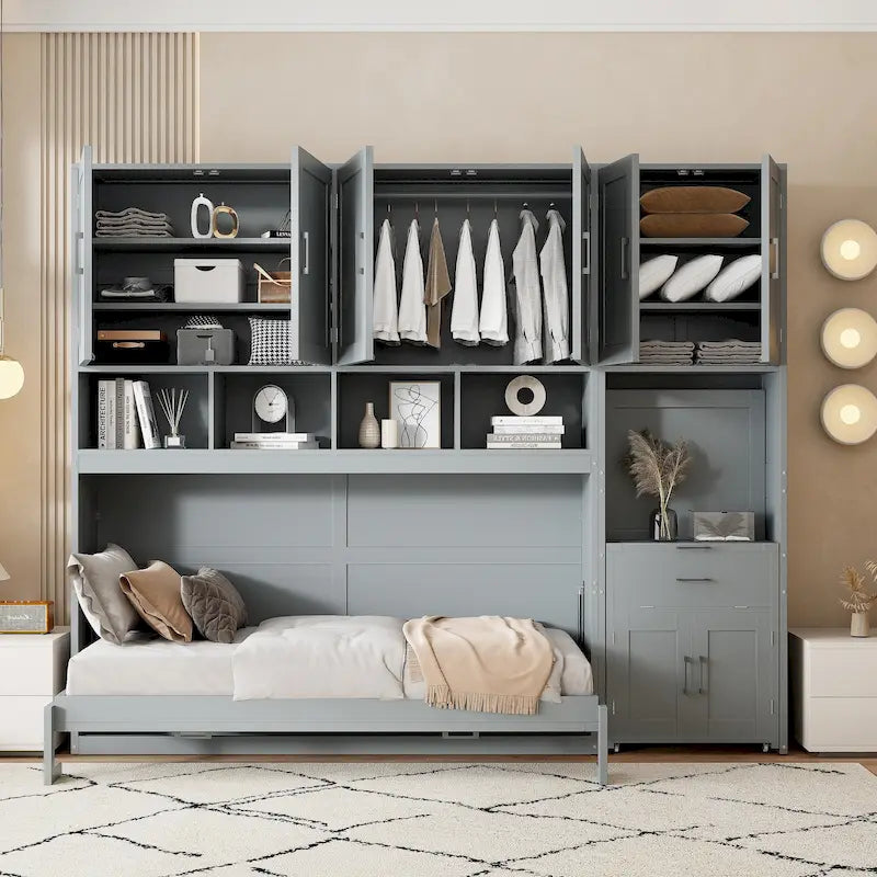Lit escamotable mural simple avec placard, tiroirs et bureau
