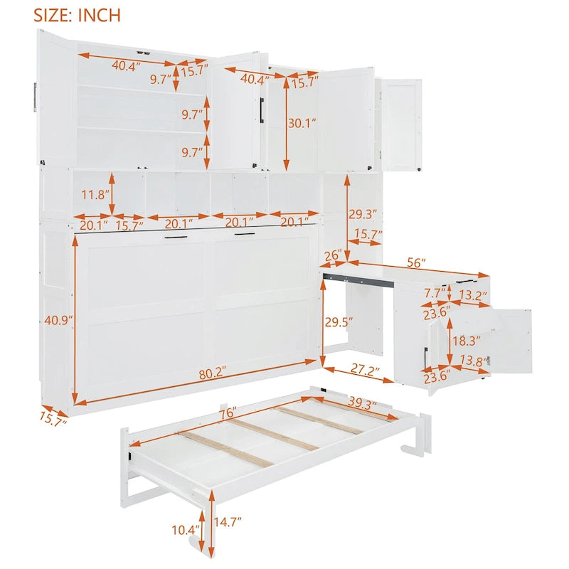Lit escamotable mural simple avec placard, tiroirs et bureau