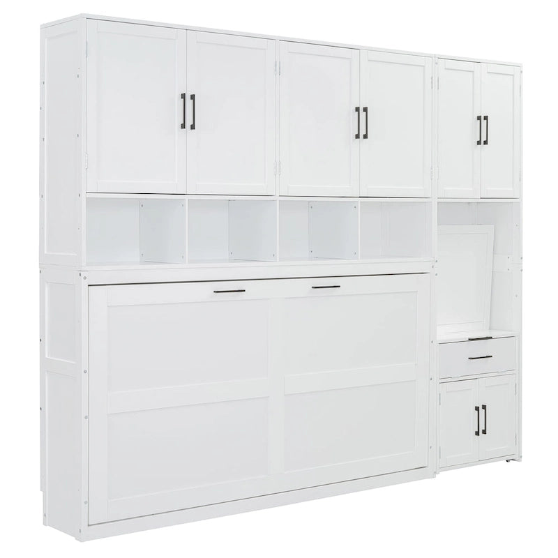 Lit escamotable mural simple avec placard, tiroirs et bureau