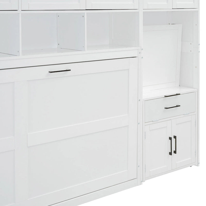 Lit escamotable mural simple avec placard, tiroirs et bureau