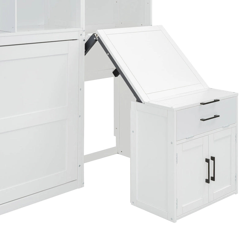 Lit escamotable mural simple avec placard, tiroirs et bureau