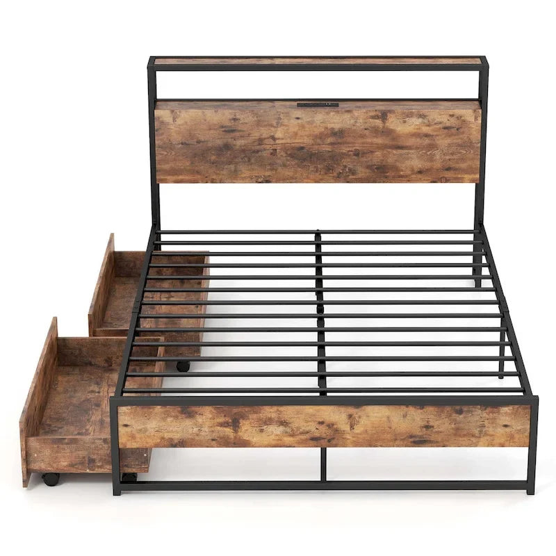 Costway Full/Queen Industrial Platform Bed Frame with Drawer Storage