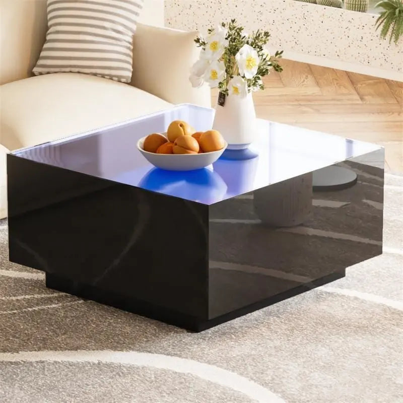 Table basse carrée laquée avec bandeau LED 16 couleurs, table de salon moderne avec plateau en verre trempé dépoli de 5 mm