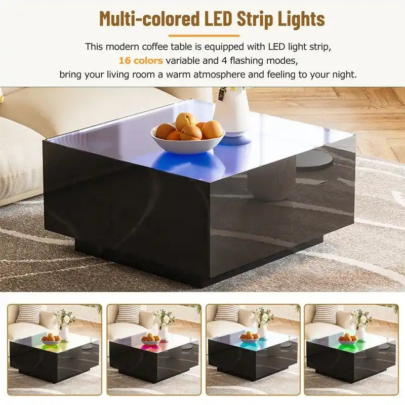 Table basse carrée laquée avec bandeau LED 16 couleurs, table de salon moderne avec plateau en verre trempé dépoli de 5 mm