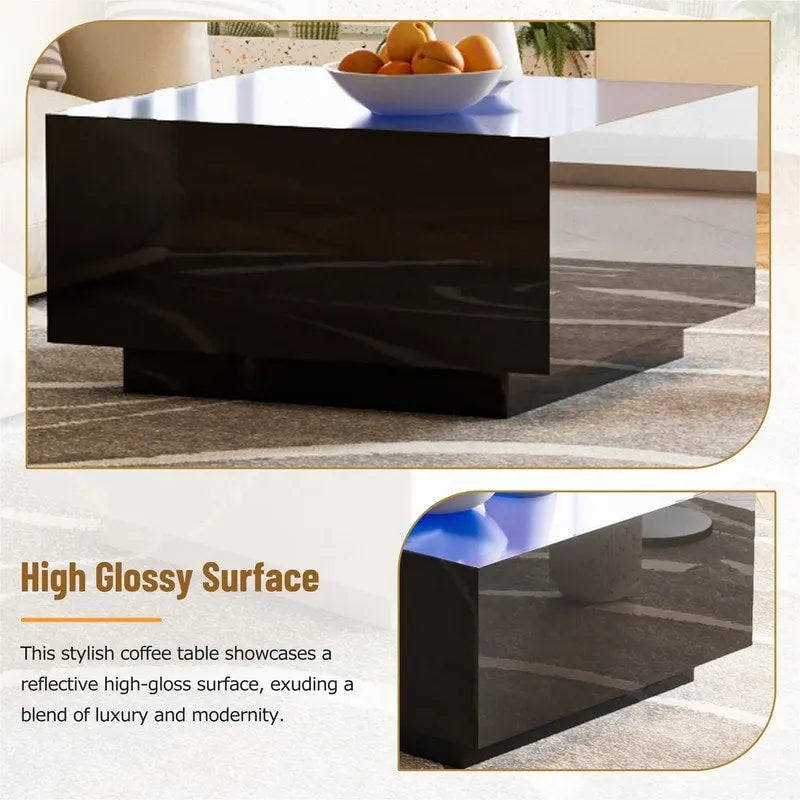 Table basse carrée laquée avec bandeau LED 16 couleurs, table de salon moderne avec plateau en verre trempé dépoli de 5 mm