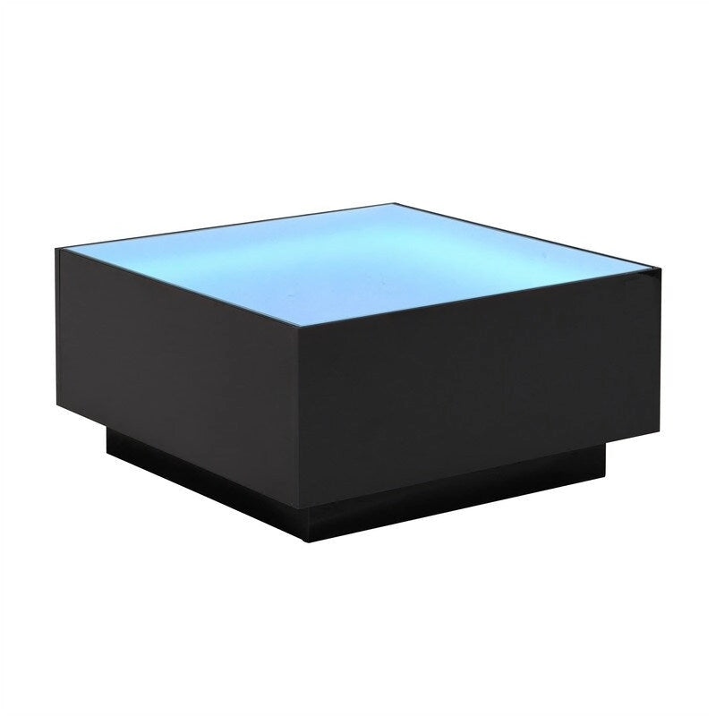 Table basse carrée laquée avec bandeau LED 16 couleurs, table de salon moderne avec plateau en verre trempé dépoli de 5 mm