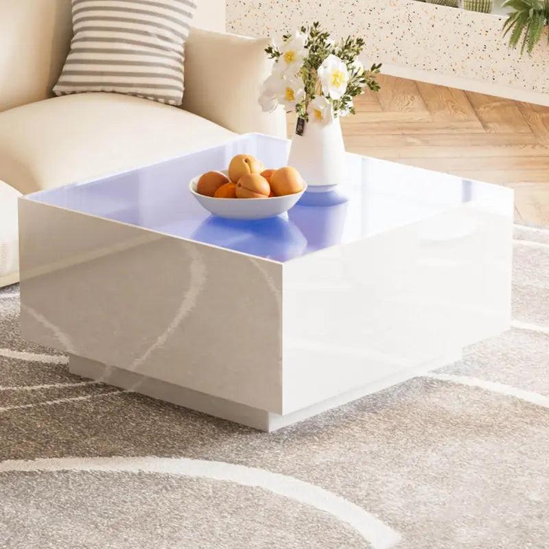Table basse carrée laquée avec bandeau LED 16 couleurs, table de salon moderne avec plateau en verre trempé dépoli de 5 mm
