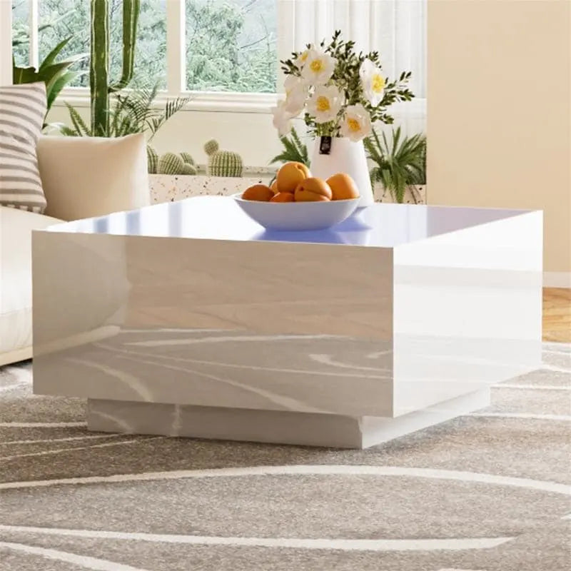 Table basse carrée laquée avec bandeau LED 16 couleurs, table de salon moderne avec plateau en verre trempé dépoli de 5 mm