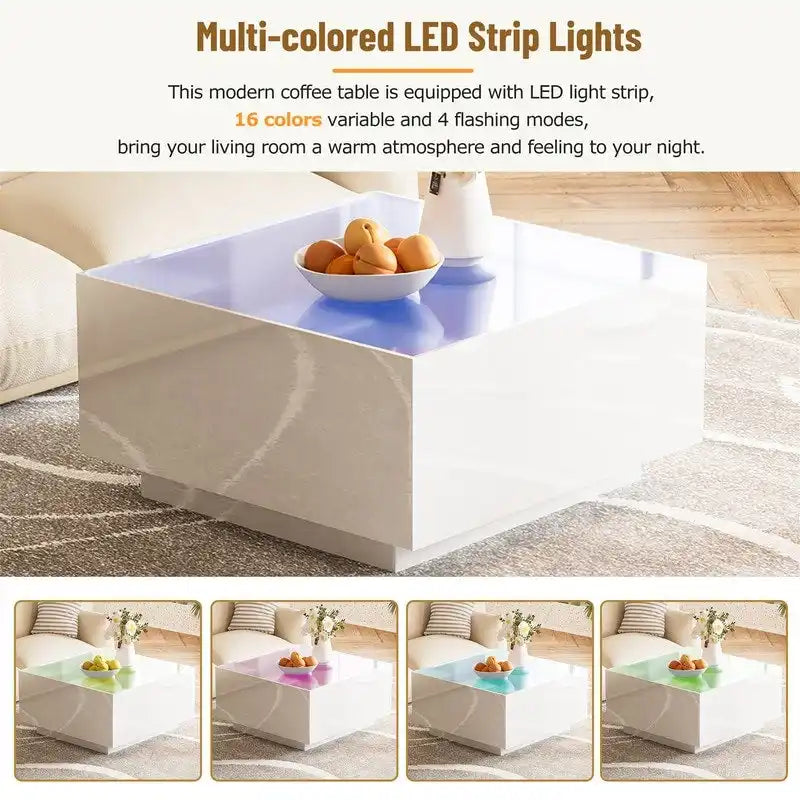 Table basse carrée laquée avec bandeau LED 16 couleurs, table de salon moderne avec plateau en verre trempé dépoli de 5 mm