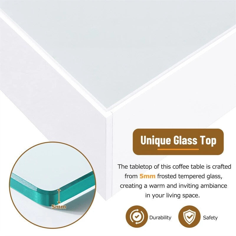 Table basse carrée laquée avec bandeau LED 16 couleurs, table de salon moderne avec plateau en verre trempé dépoli de 5 mm