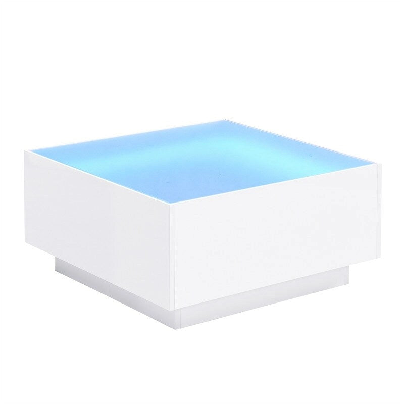 Table basse carrée laquée avec bandeau LED 16 couleurs, table de salon moderne avec plateau en verre trempé dépoli de 5 mm