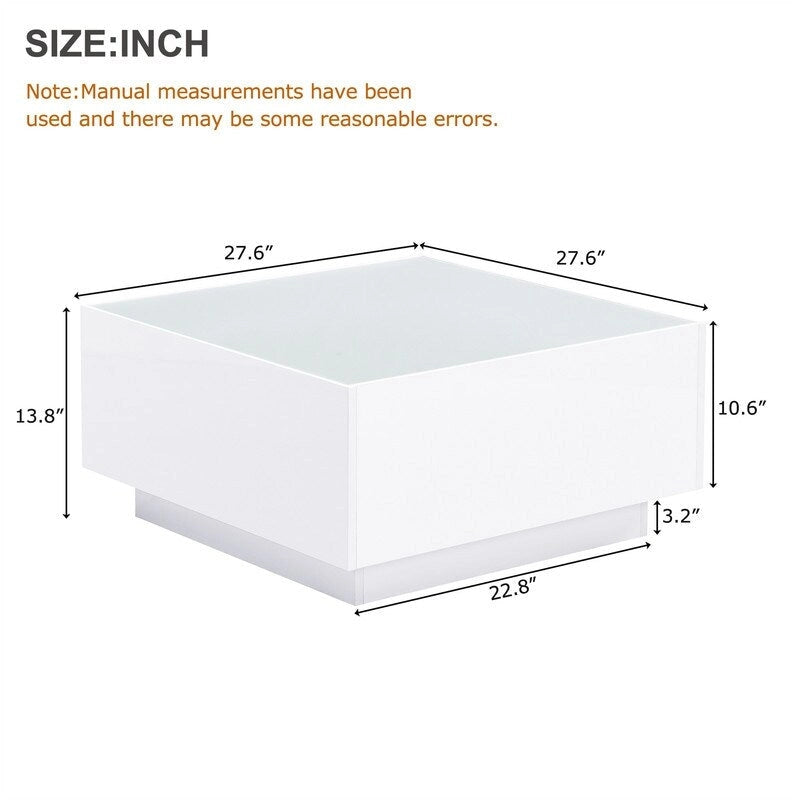 Table basse carrée laquée avec bandeau LED 16 couleurs, table de salon moderne avec plateau en verre trempé dépoli de 5 mm