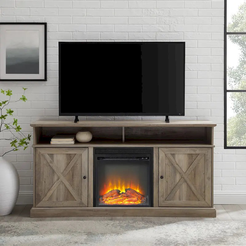 Meuble TV cheminée avec porte de grange de 60 pouces