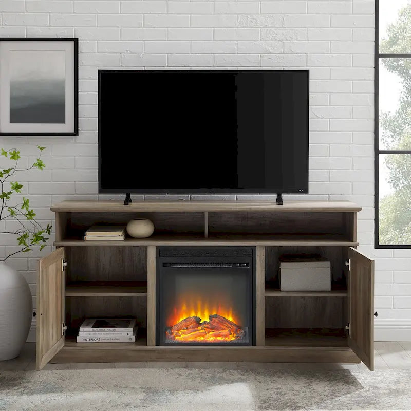 Meuble TV cheminée avec porte de grange de 60 pouces