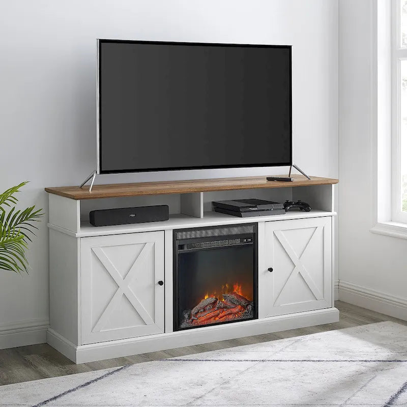 Meuble TV cheminée avec porte de grange de 60 pouces