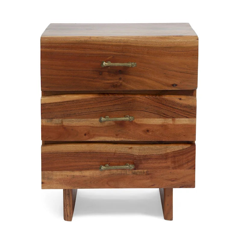 Table de chevet bohème faite à la main en bois d'acacia à 3 tiroirs