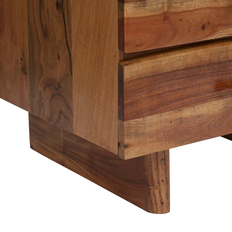 Table de chevet bohème faite à la main en bois d'acacia à 3 tiroirs