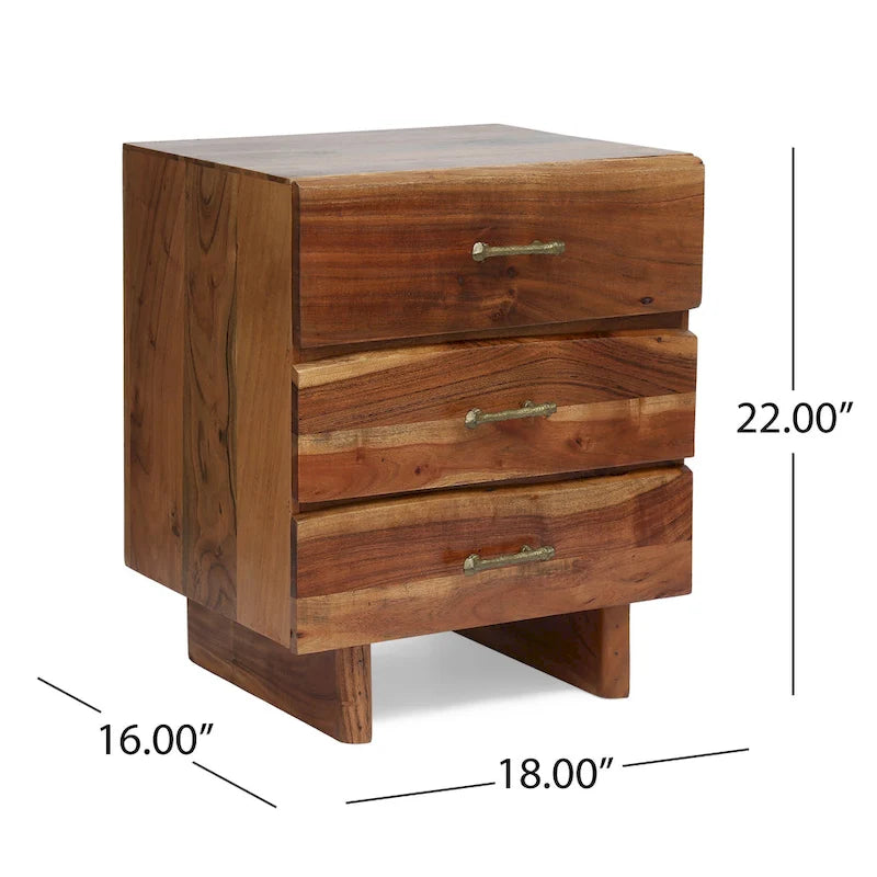 Table de chevet bohème faite à la main en bois d'acacia à 3 tiroirs