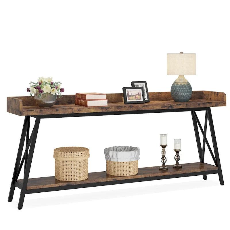 Console longue et étroite de 180 cm derrière le canapé, table d'entrée marron rustique