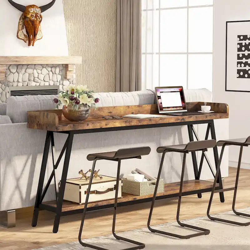 Console longue et étroite de 180 cm derrière le canapé, table d'entrée marron rustique