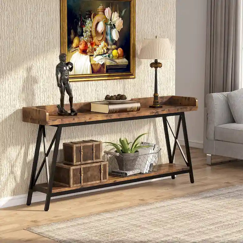 Console longue et étroite de 180 cm derrière le canapé, table d'entrée marron rustique