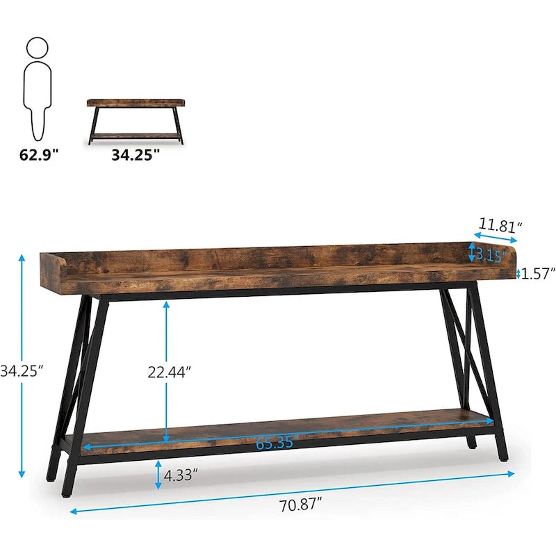 Console longue et étroite de 180 cm derrière le canapé, table d'entrée marron rustique