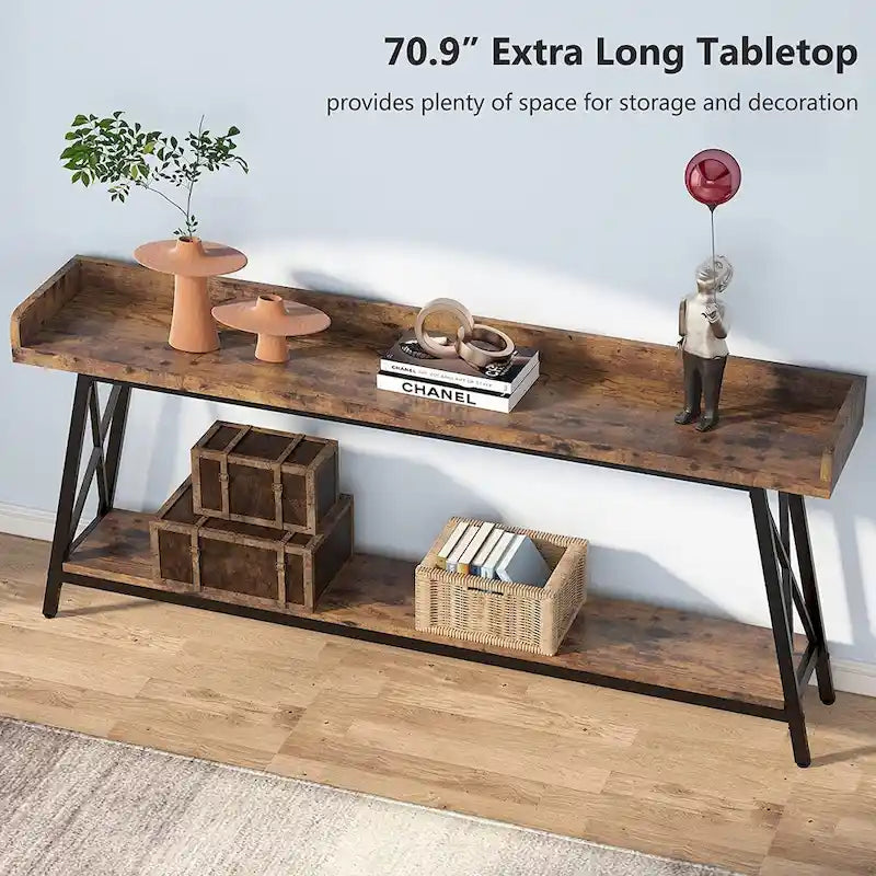 Console longue et étroite de 180 cm derrière le canapé, table d'entrée marron rustique