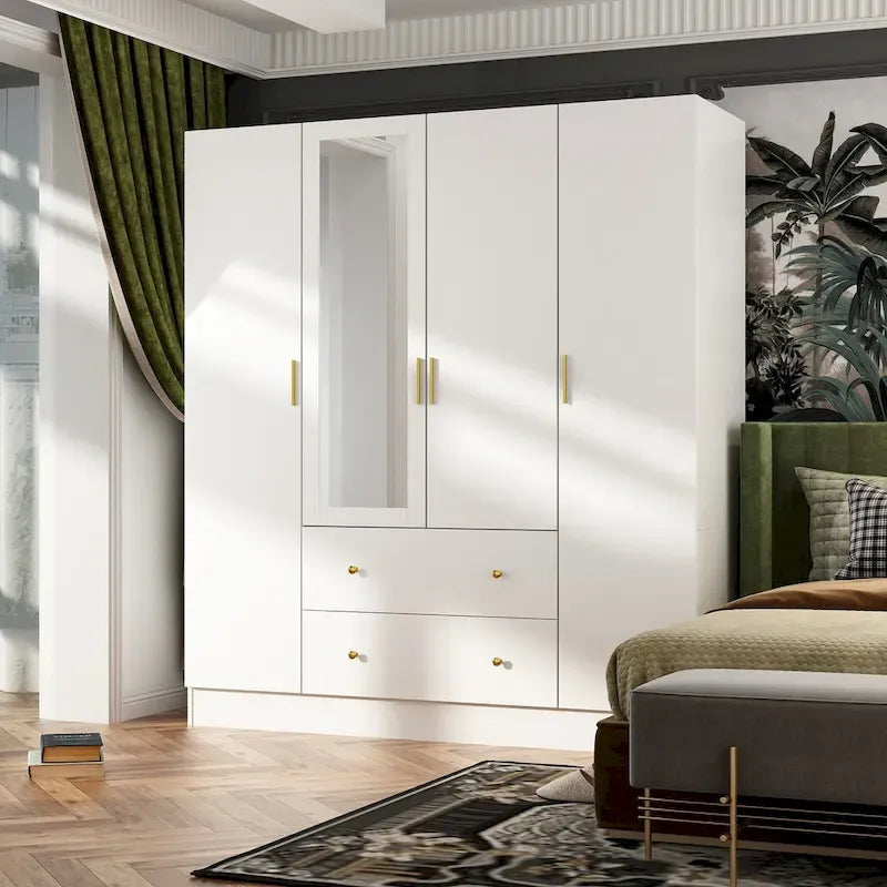 Wardrobe Armoire Wooden Closet with Mirror Storage Cubes Hanging Rod