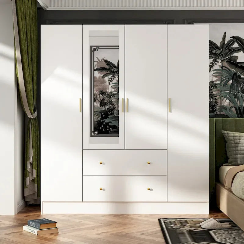 Armoire de rangement en bois avec miroir, casiers et tringle à vêtements