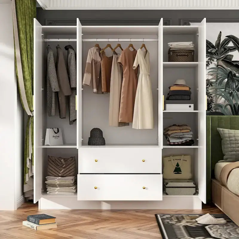 Armoire de rangement en bois avec miroir, casiers et tringle à vêtements