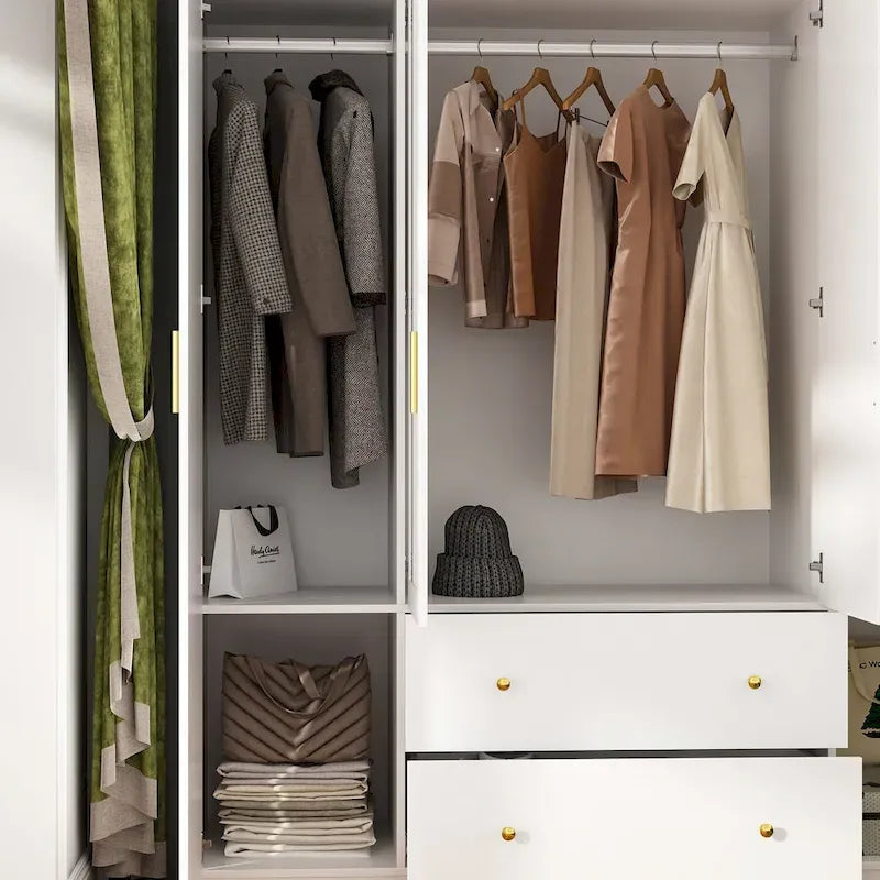 Armoire de rangement en bois avec miroir, casiers et tringle à vêtements