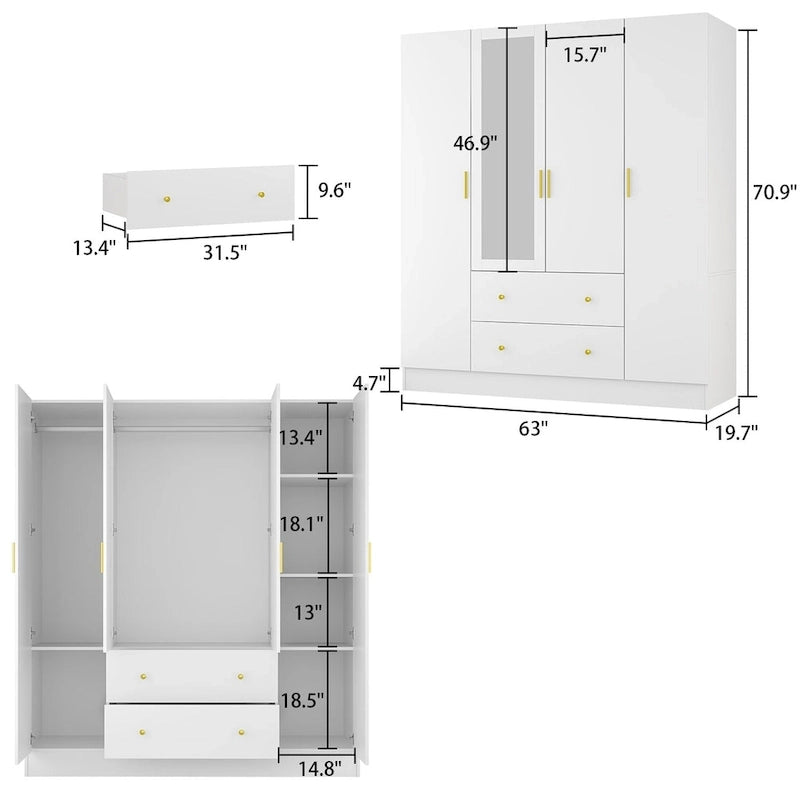 Armoire de rangement en bois avec miroir, casiers et tringle à vêtements