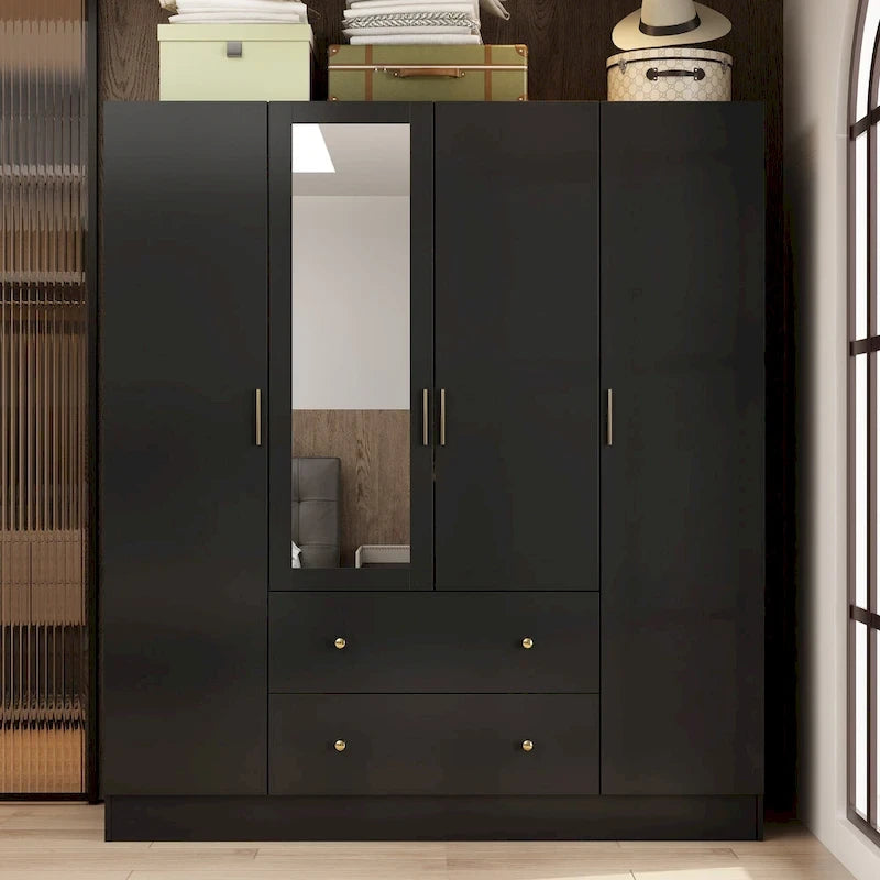 Armoire de rangement en bois avec miroir, casiers et tringle à vêtements