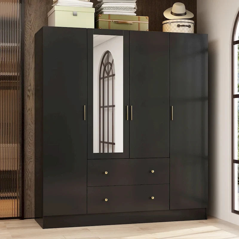 Armoire de rangement en bois avec miroir, casiers et tringle à vêtements