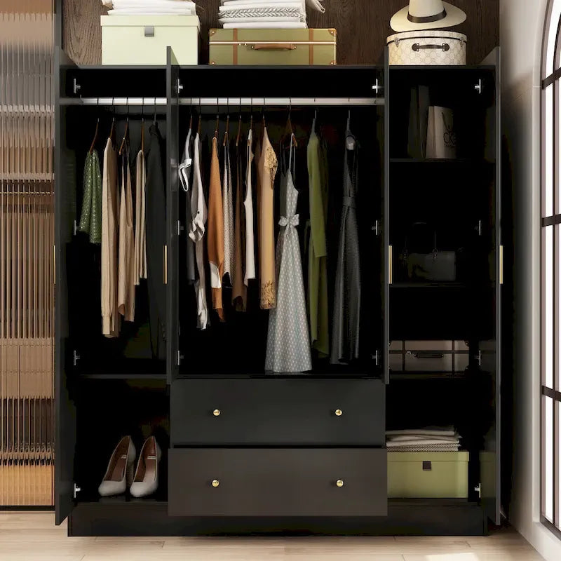 Armoire de rangement en bois avec miroir, casiers et tringle à vêtements