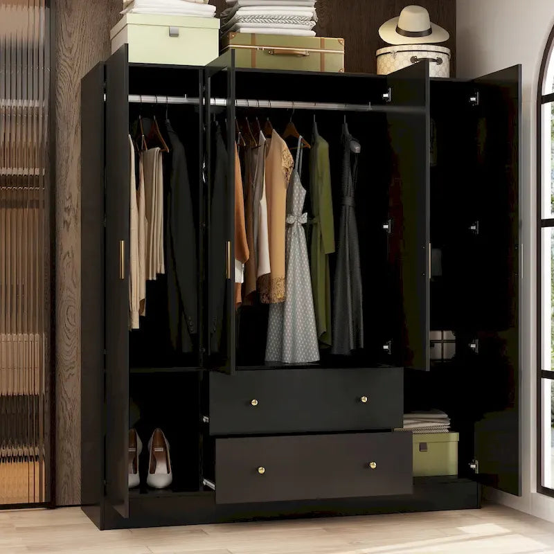 Armoire de rangement en bois avec miroir, casiers et tringle à vêtements