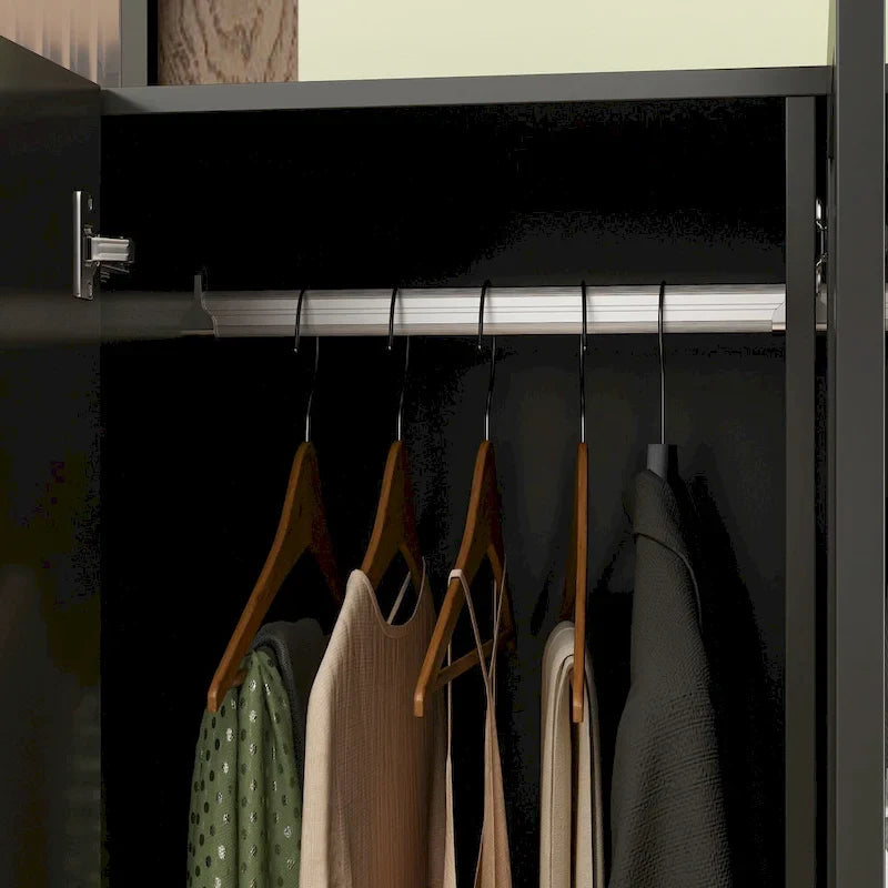 Armoire de rangement en bois avec miroir, casiers et tringle à vêtements