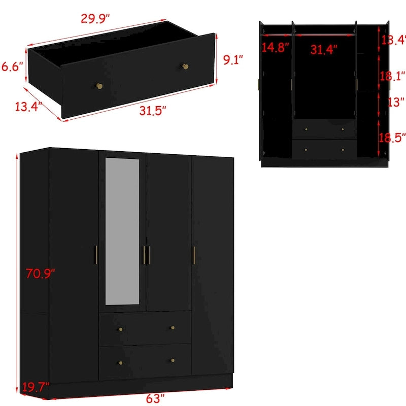 Armoire de rangement en bois avec miroir, casiers et tringle à vêtements