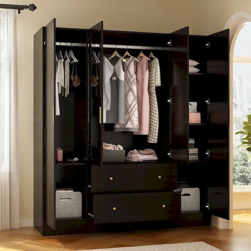 Armoire de rangement en bois avec miroir, casiers et tringle à vêtements