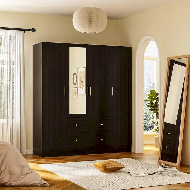 Armoire de rangement en bois avec miroir, casiers et tringle à vêtements