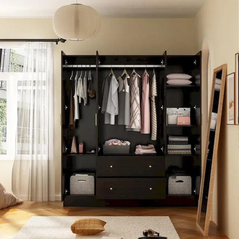 Armoire de rangement en bois avec miroir, casiers et tringle à vêtements